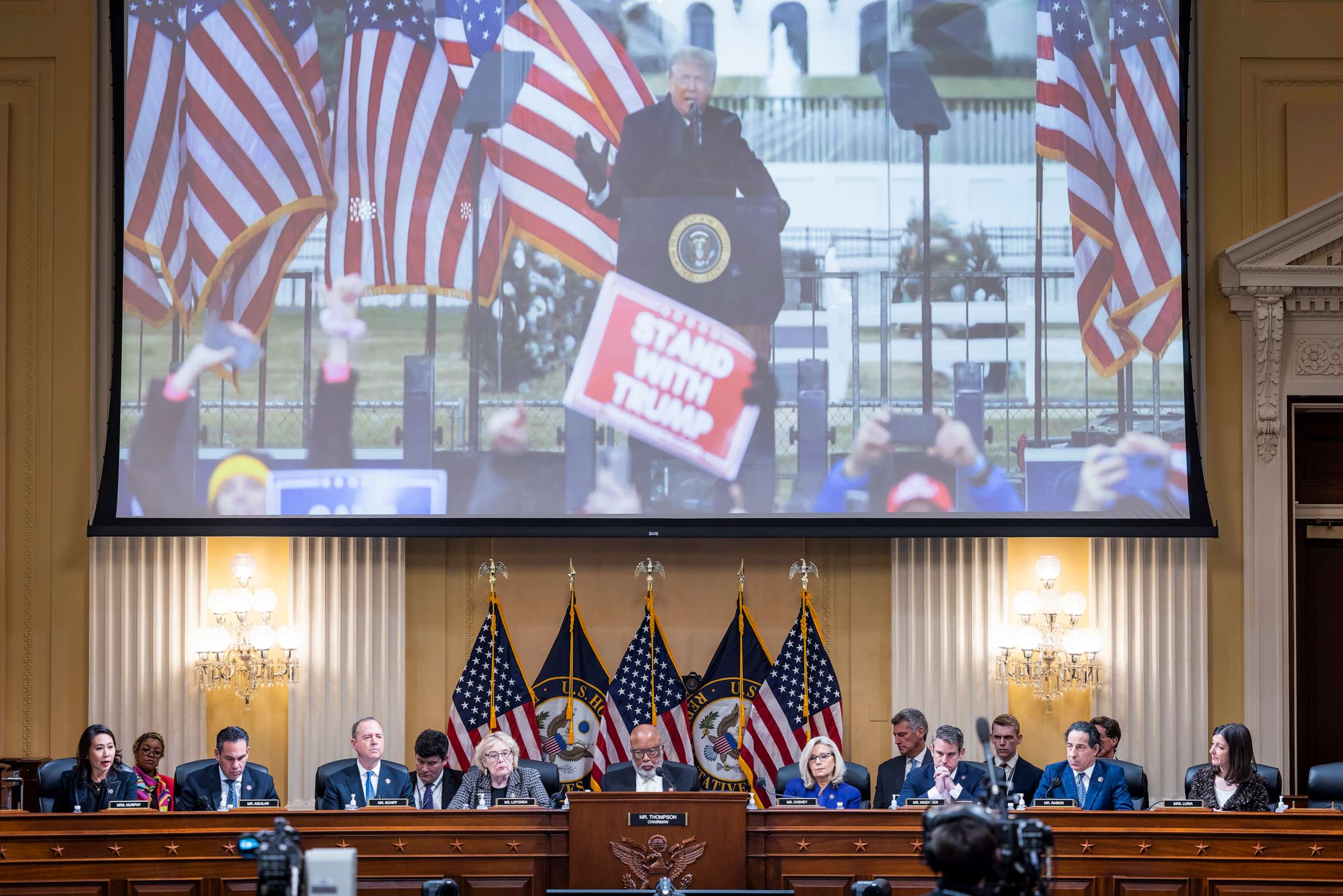 PHOTO: An image of former President Donald Trump is displayed as members of the House Select Committee to Investigate the January 6 Attack on the U.S. Capitol hold its last public hearing on Capitol Hill, Dec. 19, 2022 in Washington, DC.