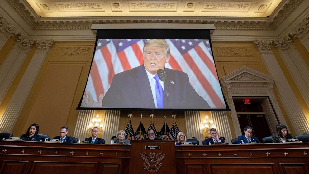PHOTO: A video of former President Donald Trump is shown on a screen as the House select committee investigating the Jan. 6 attack on the U.S. Capitol holds its final public meeting in Washington, Monday, Dec. 19, 2022.