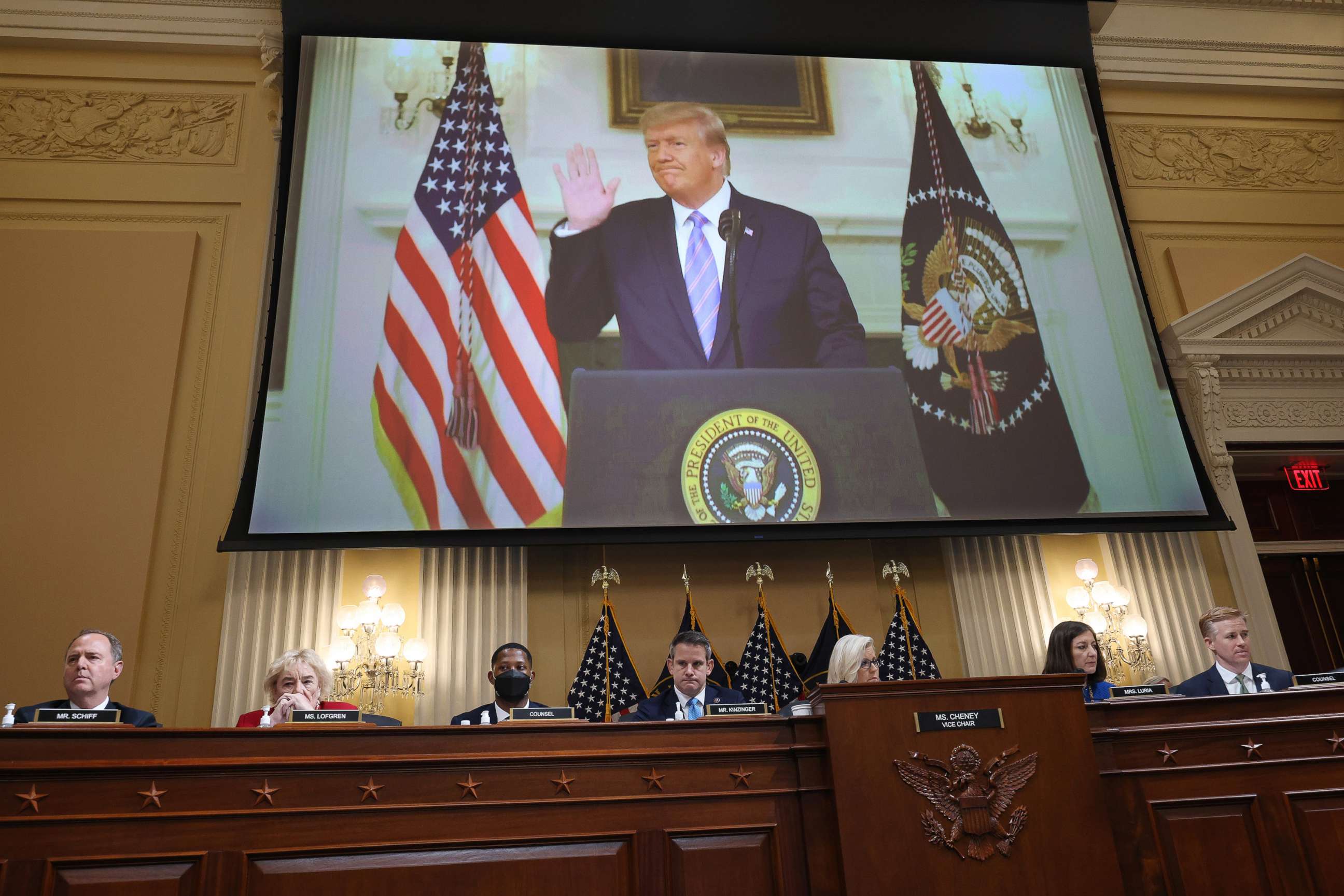 PHOTO: A video of former US President Donald Trump recording an address to the nation on January 7, 2021, is displayed on a screen during a hearing in Washington, July 21, 2022.