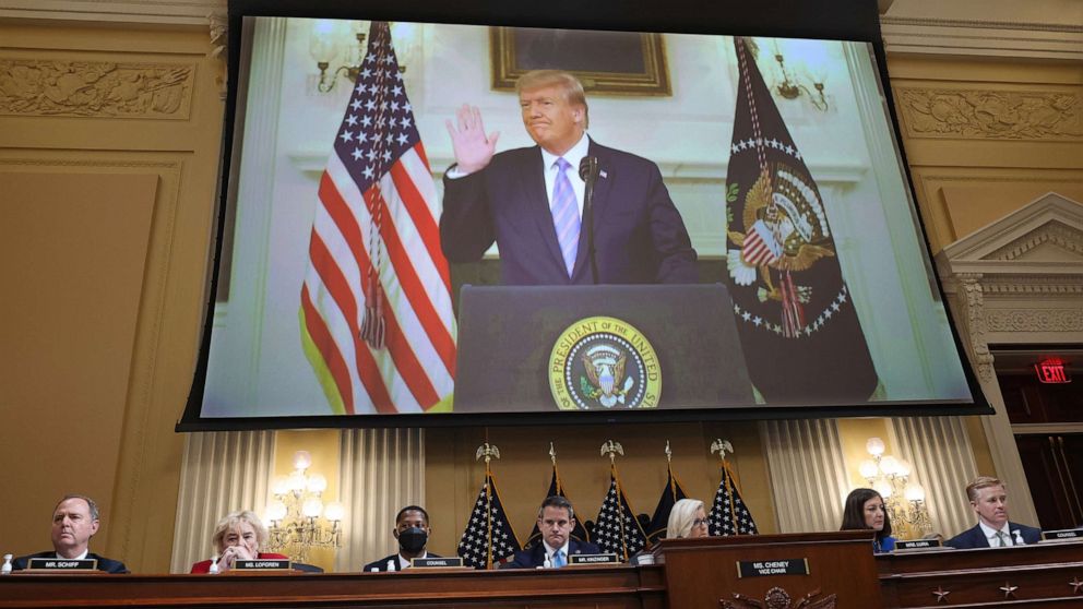 PHOTO: A video of former US President Donald Trump recording an address to the nation on January 7, 2021, is displayed on a screen during a hearing in Washington, July 21, 2022.