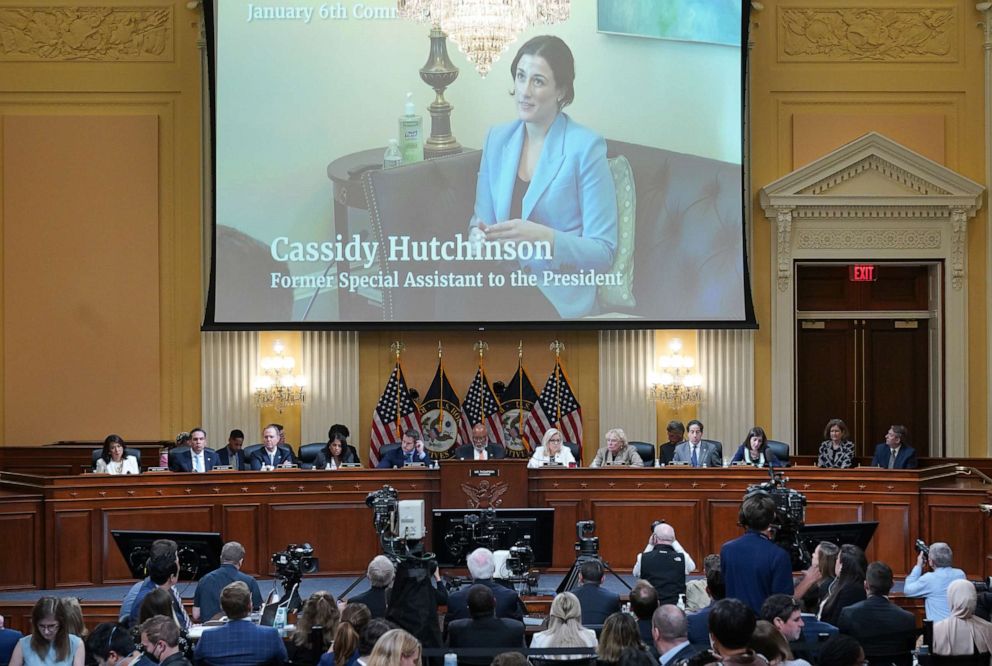 PHOTO: An image of Cassidy Hutchinson is shown during the fifth hearing held by the Select Committee to Investigate the Jan. 6 attack on the U.S. Capitol, on June 23, 2022 in Washington.