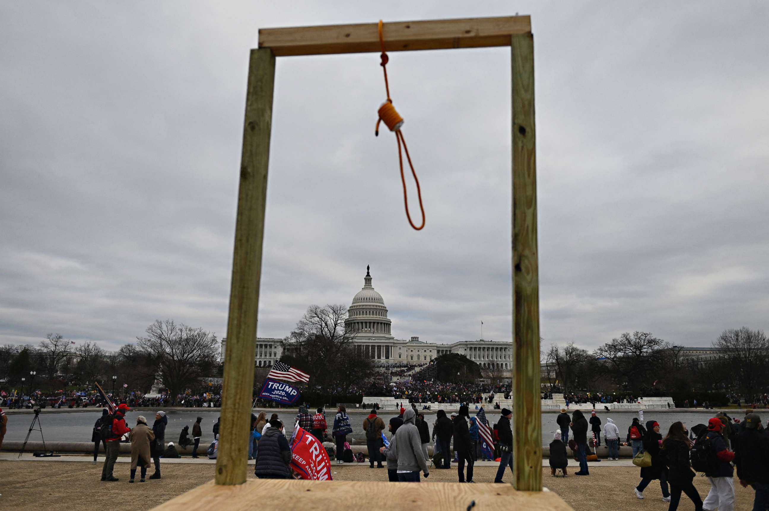 PHOTO: In this Jan 6, 2021, file photo, a noose is seen near the U.S. Capitol as supporters of President Donald Trump gather on the west side of the building in Washington, D.C.