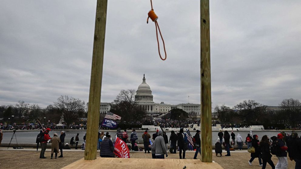 PHOTO: A noose is seen near the U.S. Capitol as supporters of President Donald Trump gather on the west side of the building in Washington, D.C., Jan. 6, 2021.