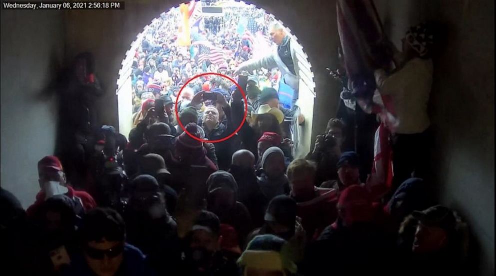 PHOTO: CCTV footage shows Barry Saturday, circled in red, at the entrance to the U.S. Capitol on Jan. 6, 2021, during the attack, in an image from court documents, according to the FBI.