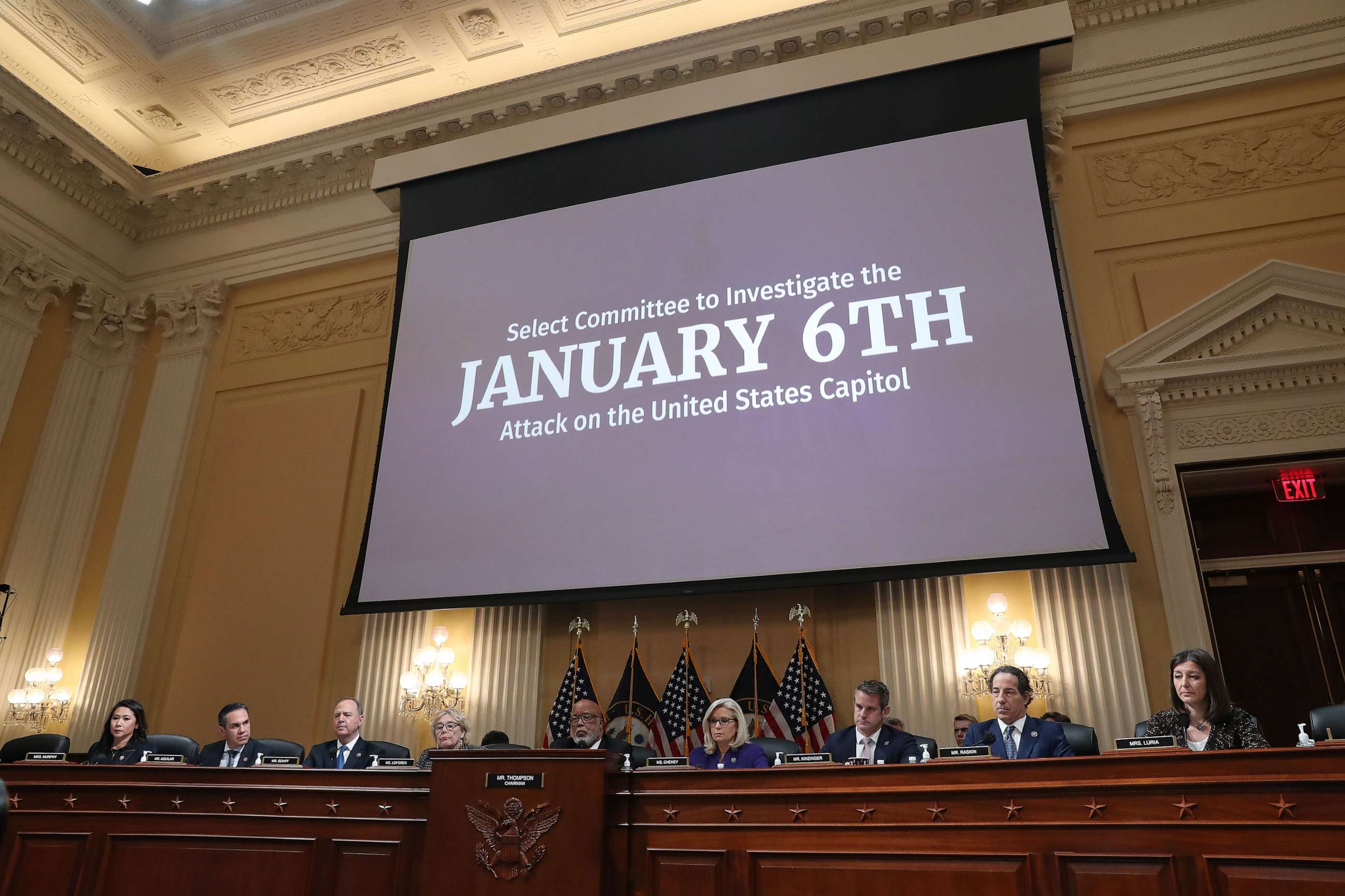 PHOTO: The House Select Committee to Investigate the January 6th Attack on the Capitol approves its final report with a criminal referral of former President Donald J. Trump is displayed during the end of their final hearing, Dec. 19, 2022.