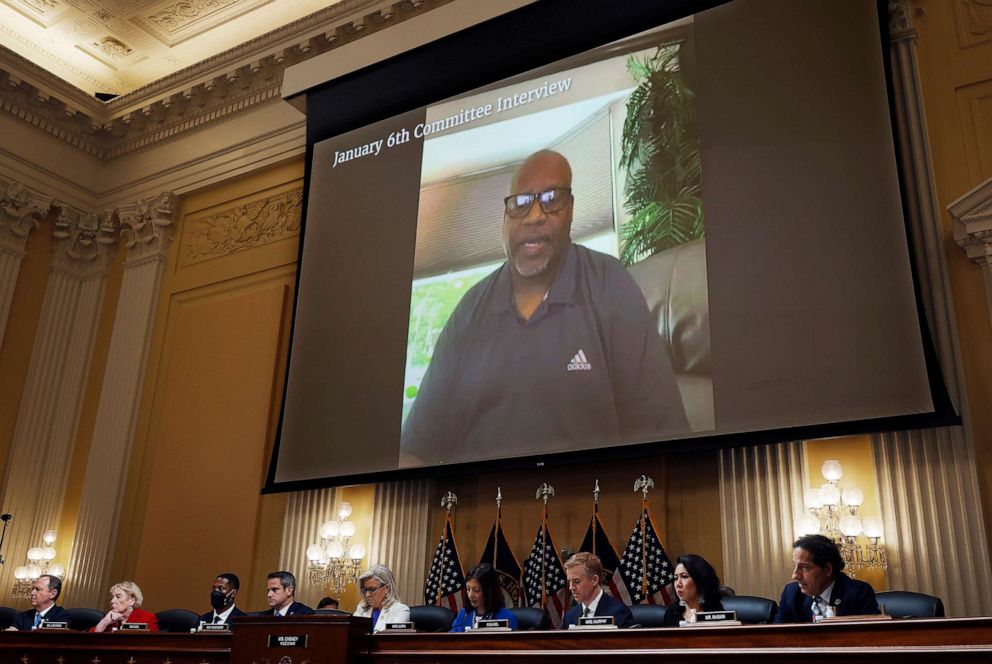 PHOTO: Sgt. Mark Robinson, a retired member of the Metropolitan Police Department responsible for the motorcade on Jan. 6, appears on the video during the prime-time hearing, July 21, 2022, in Washington, D.C.