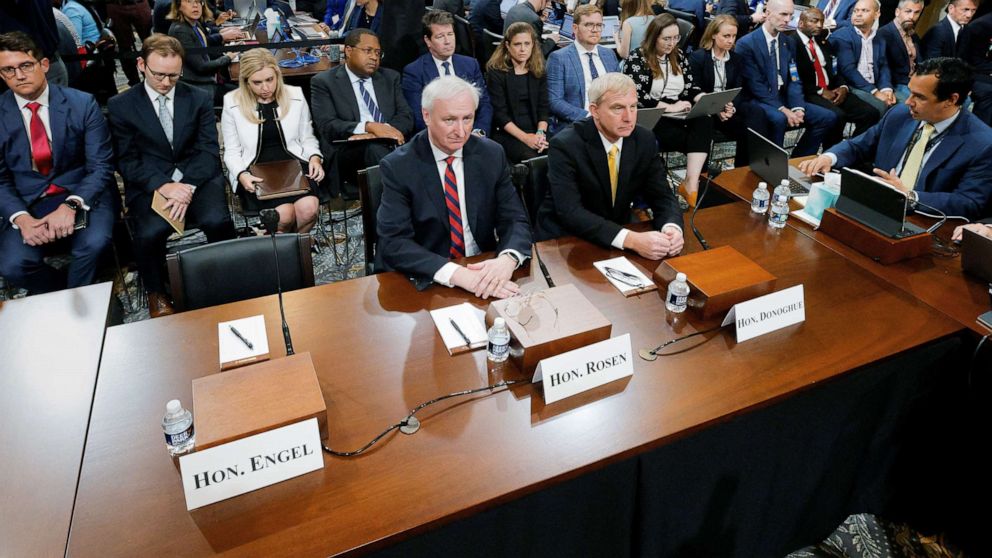PHOTO: Former Secretary of Justice Jeffrey Rosen and former Deputy Attorney General Richard Donoghue attend the public hearing of the U.S. House Select Committee's inquiry into the January 6 attack on the Capitol, June 23, 2022, in Washington, DC