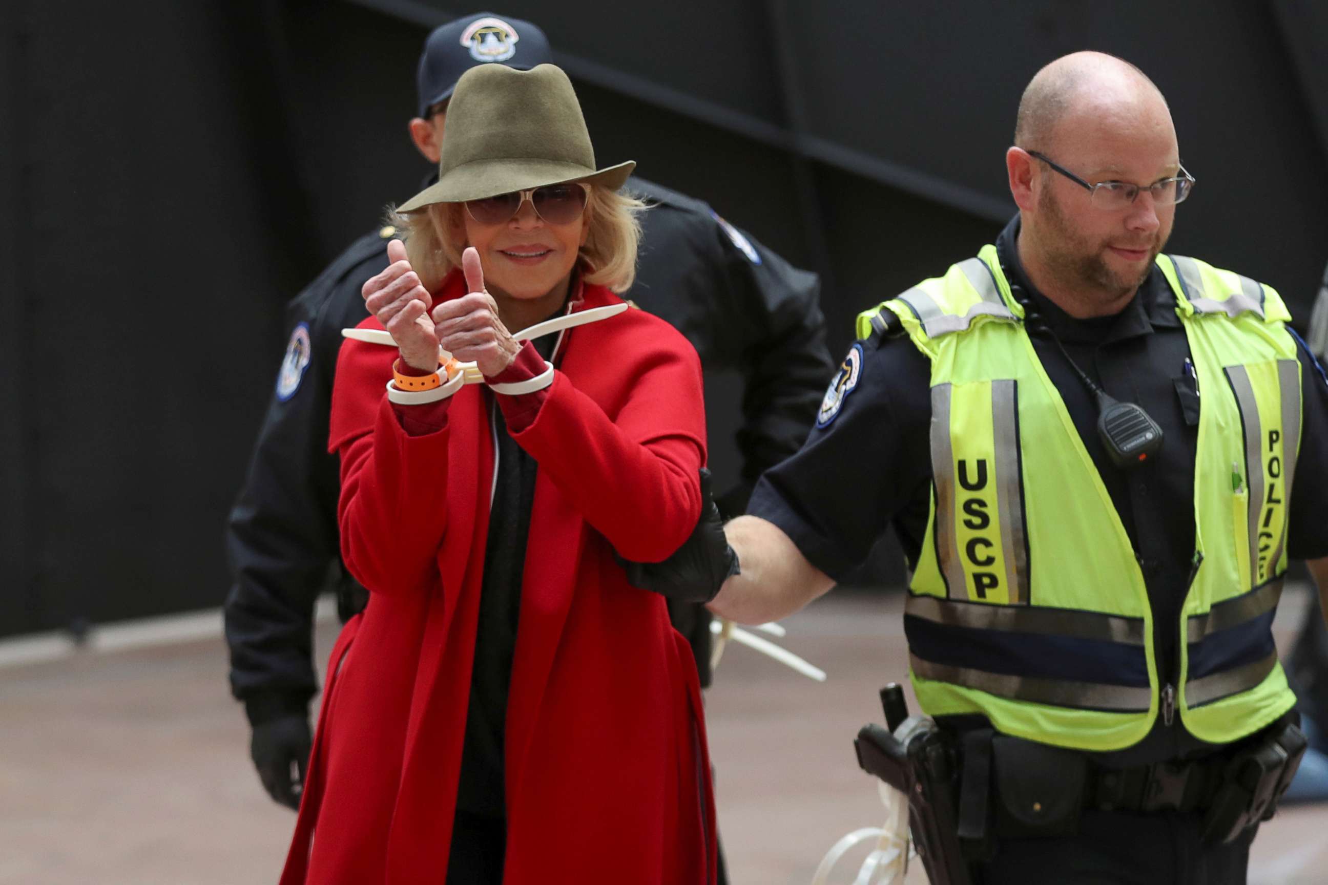 PHOTO: Actress Jane Fonda is arrested by U.S. Capitol Police officers during a "Fire Drill Fridays" climate change protest inside the Hart Senate Office Building on Capitol Hill in Washington, Nov. 1, 2019.