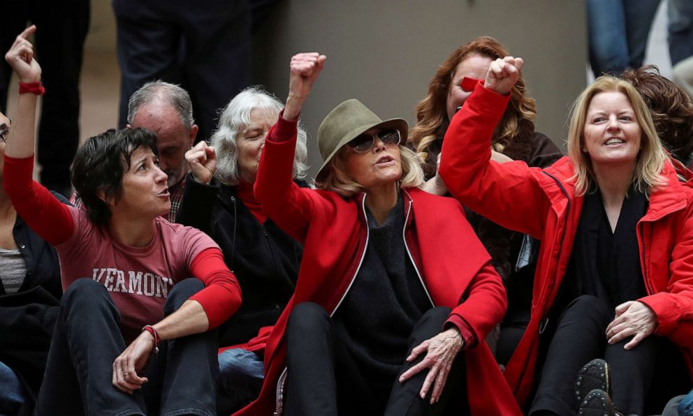 PHOTO: Actress Jane Fonda participates in a "Fire Drill Fridays" climate change sit-in protest before being arrested with other activists inside the Hart Senate Office Building on Capitol Hill in Washington, Nov. 1, 2019.