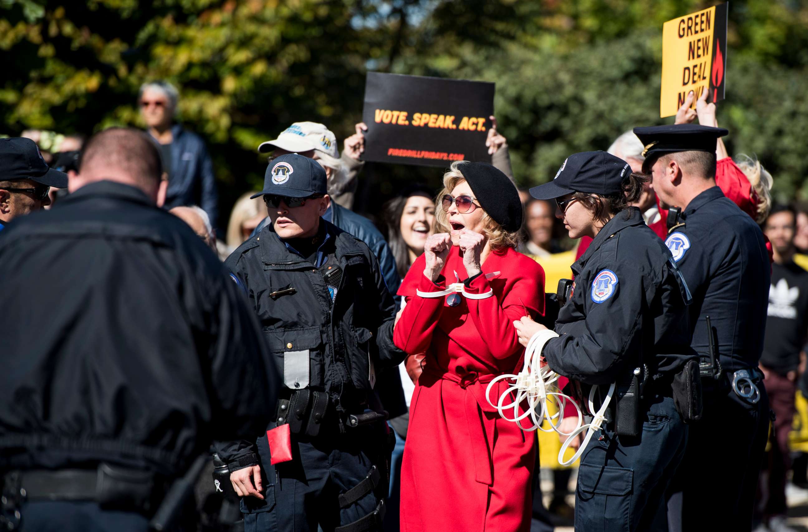 PHOTO:U.S. Capitol Police arrest actress Jane Fonda along with Sam Waterston and other climate activists after blocking 1st Street in front of the Library of Congress on Oct. 18, 2019. 