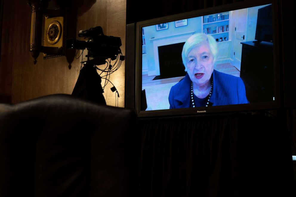 PHOTO: Treasury Secretary-nominee Janet Yellen appears virtually during a confirmation hearing before the Senate Finance Committee on Capitol Hill,  in Washington, D.C., Jan. 19, 2021. 