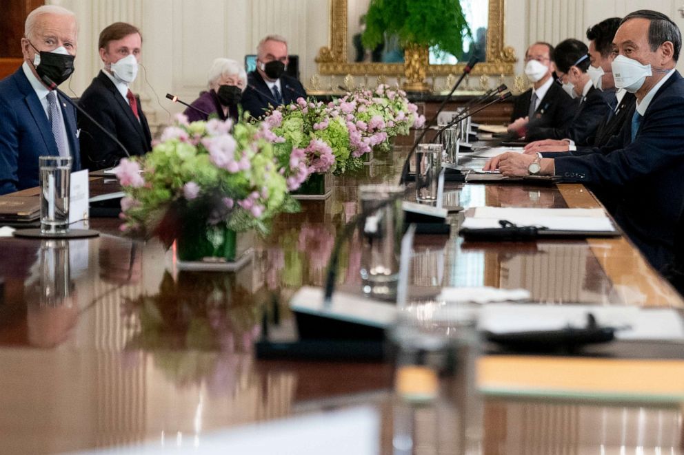 PHOTO: President Joe Biden meets with Japanese Prime Minister Yoshihide Suga in the State Dining Room of the White House, April 16, 2021.