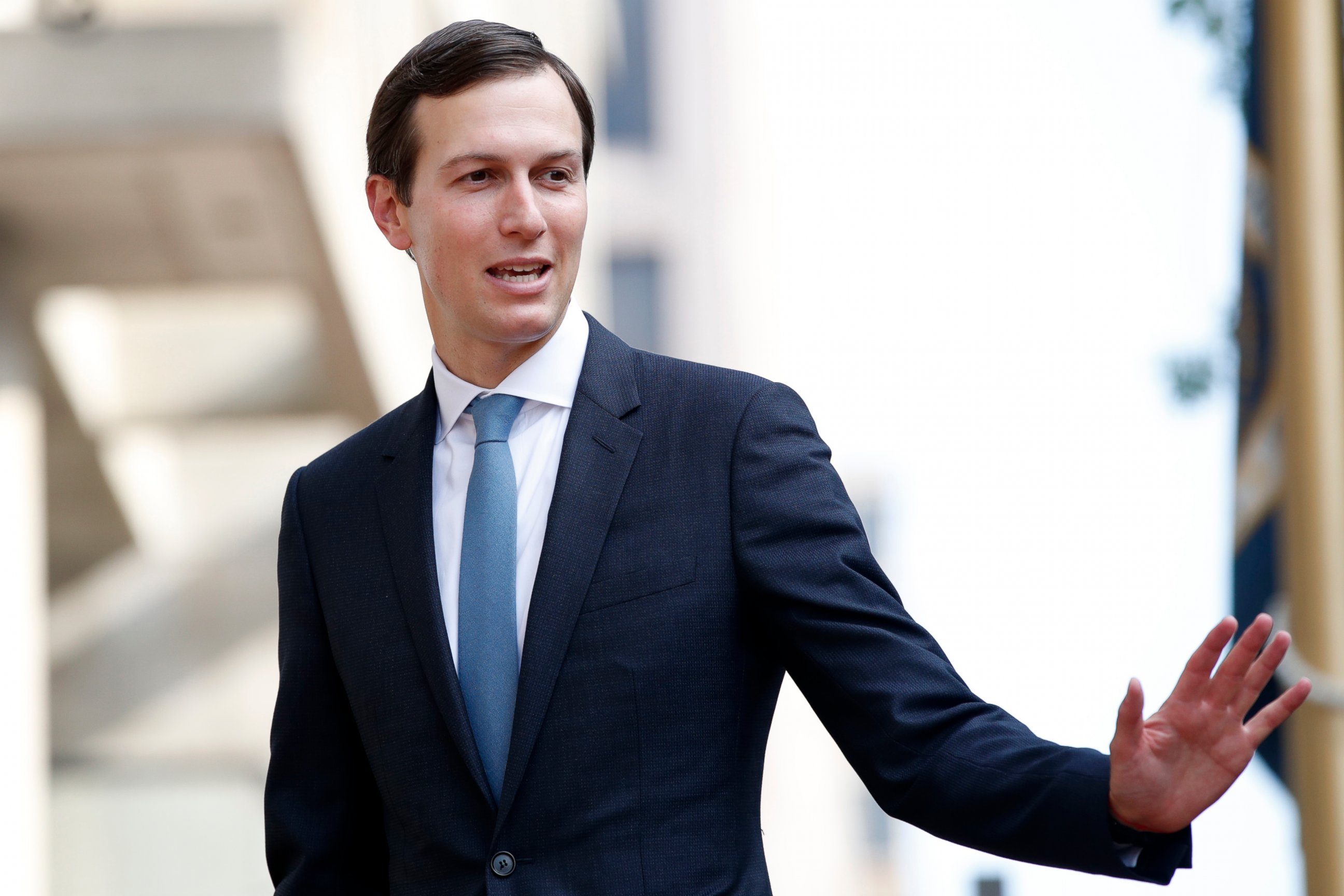 In this Aug. 29, 2018, file photo, White House Adviser Jared Kushner waves as he arrives at the Office of the United States Trade Representative in Washington.