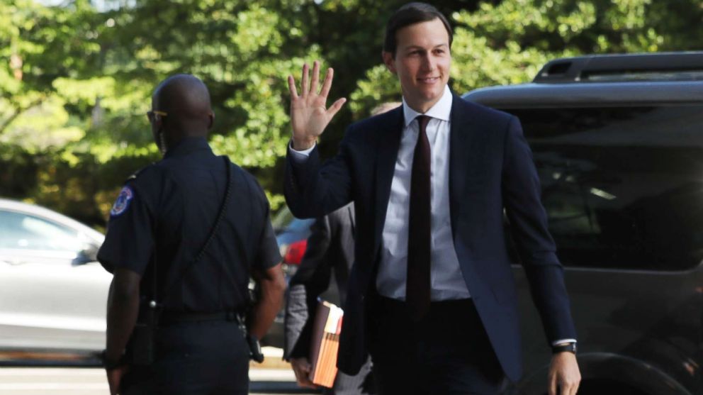 PHOTO: White House senior adviser Jared Kushner waves as he arrives on Capitol Hill in Washington., July 24, 2017, to meet behind closed doors before the Senate Intelligence Committee.