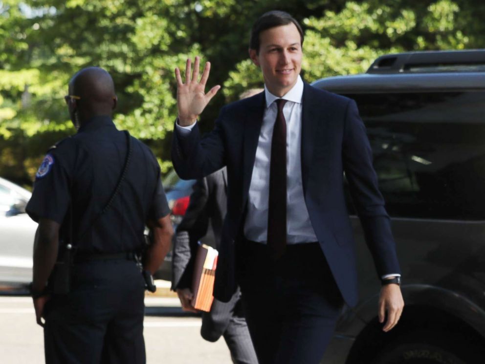 PHOTO: White House senior adviser Jared Kushner waves as he arrives on Capitol Hill in Washington., July 24, 2017, to meet behind closed doors before the Senate Intelligence Committee.