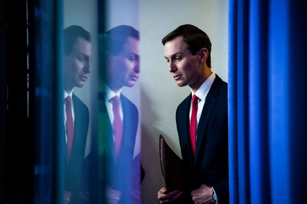 PHOTO: Jared Kushner arrives with President Donald J. Trump to speak with members of the coronavirus task force during a briefing in response to the COVID-19 coronavirus pandemic in the White House, April 02, 2020, in Washington.