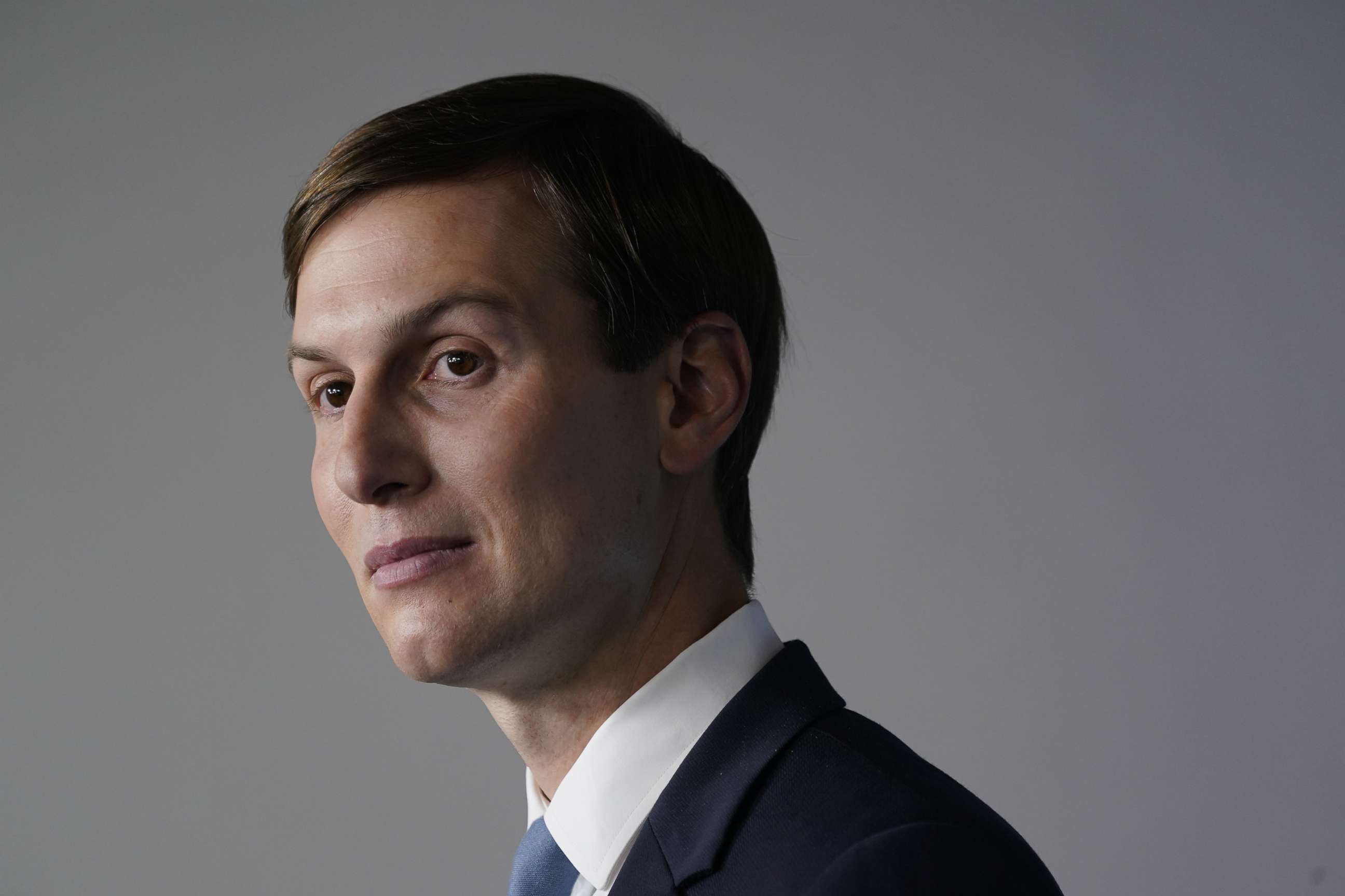 PHOTO: In this Sept. 4, 2020, file photo, Jared Kushner, senior White House adviser, listens during a news conference in the James S. Brady Press Briefing Room at the White House in Washington, D.C.