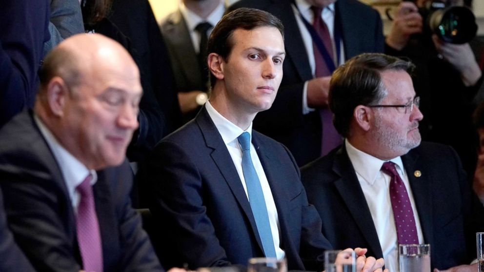 PHOTO: Director of the National Economic Council Gary Cohn, Senior Advisor Jared Kushner, and Sentor Gary Peters, D-MI, take part in a meeting with President Donald Trump and members of Congress on trade in the the White House, Feb. 13, 2018.
