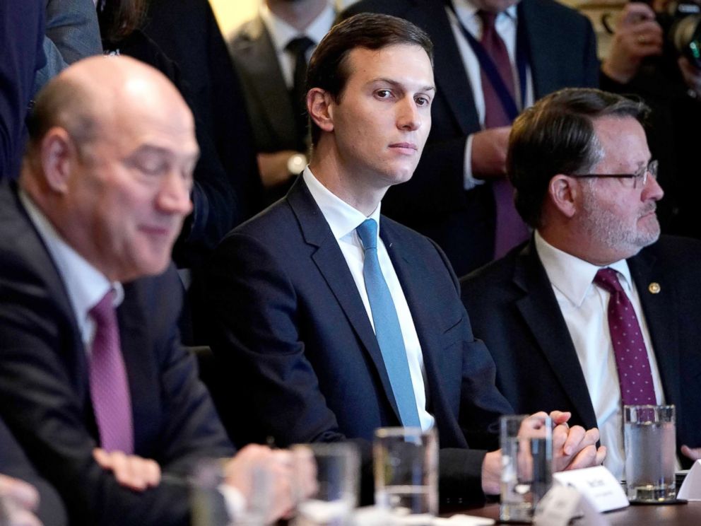 PHOTO: Director of the National Economic Council Gary Cohn, Senior Advisor Jared Kushner, and Sentor Gary Peters, D-MI, take part in a meeting with President Donald Trump and members of Congress on trade in the the White House, Feb. 13, 2018.