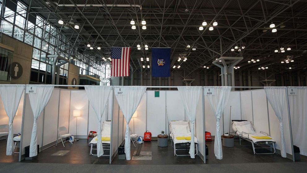 PHOTO: A temporary hospital is set up at the Jacob K. Javits Center on March 27, 2020 in New York.