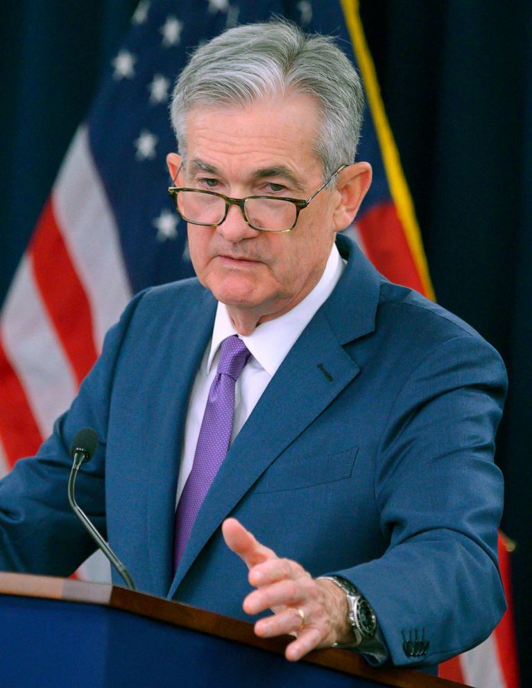 PHOTO: In this file photo taken on July 31, 2019, U.S. Federal Reserve Chairman Jerome Powell speaks during a press conference after a Federal Open Market Committee meeting in Washington, D.C.