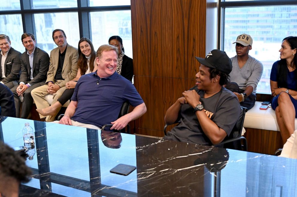 PHOTO: NFL Commissioner Roger Goodell and Jay Z at the Roc Nation and NFL Partnership Announcement at Roc Nation on August 14, 2019 in New York City. 