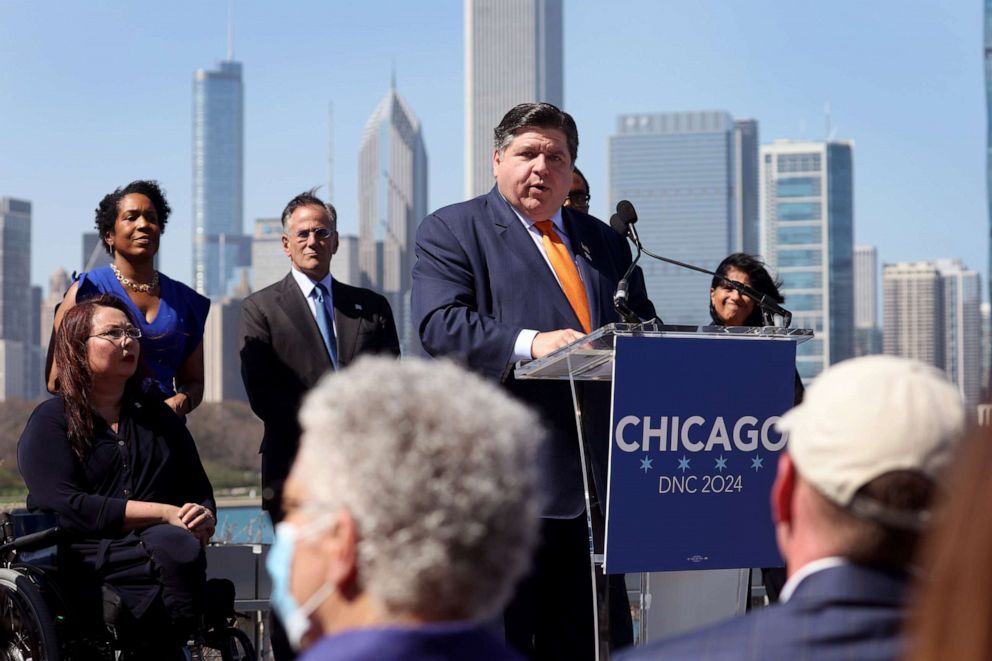PHOTO: Illinois Governor J.B. Pritzker speaks to business and political leaders during an event to officially announce Chicago as the host city for the 2024 Democratic National Convention on April 12, 2023 in Chicago.