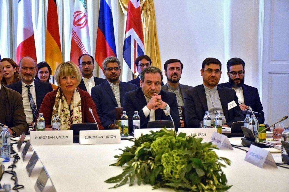 PHOTO: EU director Helga Schmid (C-L) and Iranian Deputy-Foreign Ministers Abbas Araghchi (CR) attend a JCPOA Joint Commission meeting at the Palais Coburg, in Vienna, June 28, 2019. 