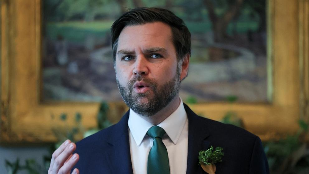 PHOTO: Vice President JD Vance delivers remarks during a visit by Irish Taoiseach Micheal Martin at the vice president's residence for breakfast, ahead of St. Patrick's Day, in Washington, D.C., March 12, 2025.