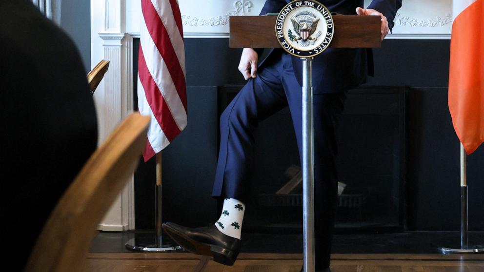PHOTO: Vice President JD Vance shows his sock with a shamrock pattern as he delivers remarks during a visit by Irish Taoiseach Micheal Martin at the vice president's residence for breakfast, ahead of St. Patrick's Day, in Washington, D.C., March 12, 2025.