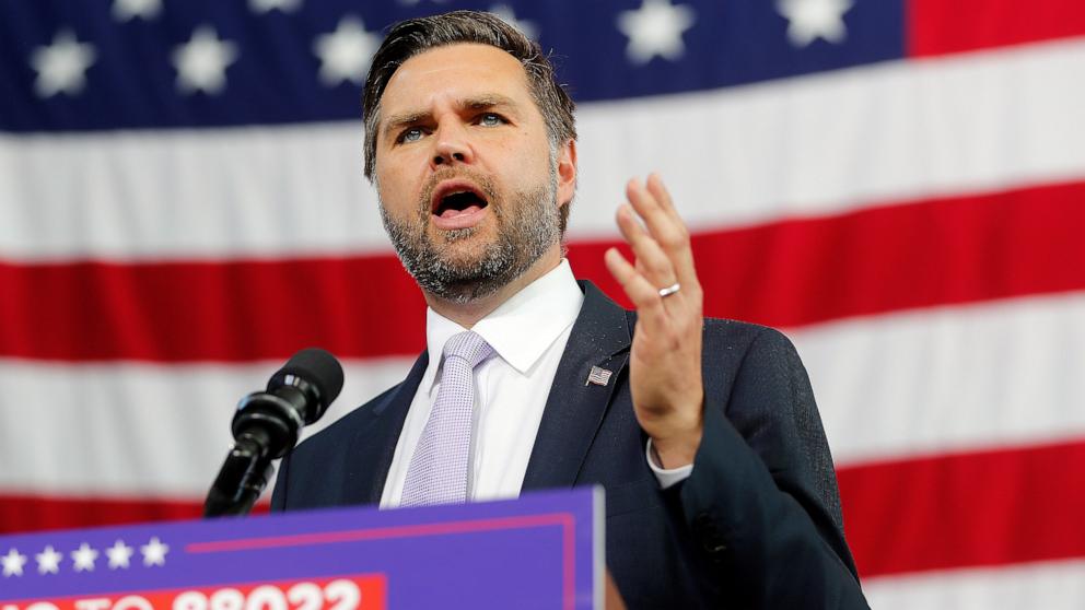 PHOTO: Republican vice-presidential nominee Sen. JD Vance speaks at a campaign event in Raleigh, N.C., Sept. 18, 2024.