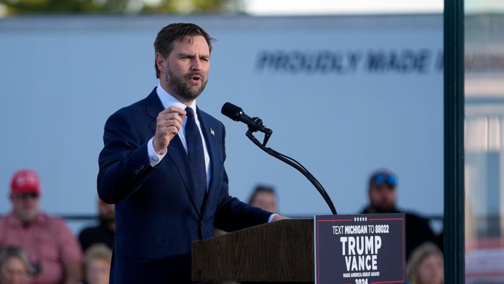 PHOTO: Republican vice presidential nominee Sen. JD Vance speaks during a campaign event at the Berlin Raceway on Oct. 2, 2024, in Marne, Mich. 