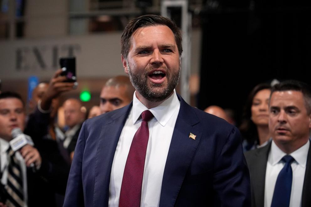 PHOTO: Republican vice presidential nominee Sen. JD Vance, R-Ohio, speaks to reporters in the spin room after a presidential debate between former President Trump and Vice President Harris, Sept. 10, 2024, in Philadelphia.