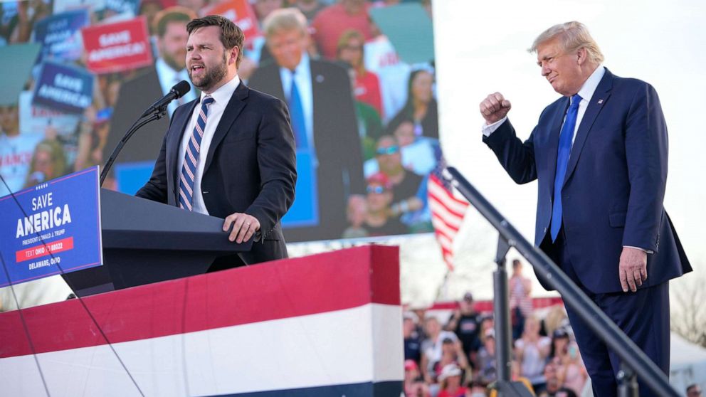 PHOTO: JD Vance speaks on stage with former President Donald Trump during a rally at the Delaware County Fairgrounds in Delaware, Ohio, on April 23, 2022.