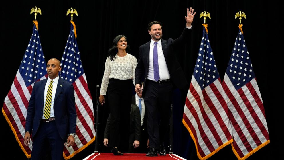 PHOTO: Republican vice presidential nominee Sen. JD Vance, R-Ohio, and his wife Usha Vance, arrive for a campaign event, Oct. 16, 2024, in Williamsport, Pa. 