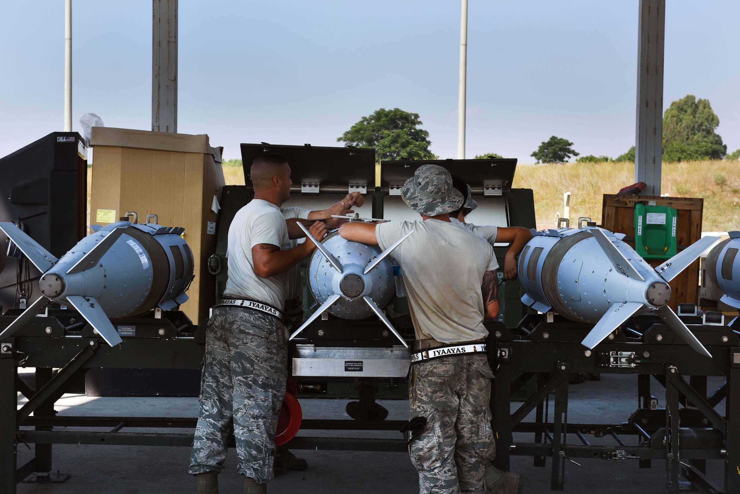 PHOTO: U.S. Airmen assigned to the 447th Expeditionary Aircraft Maintenance Squadron perform maintenance on joint direct attack munition GBU-31s, June 16, 2017, at Incirlik Air Base, Turkey.