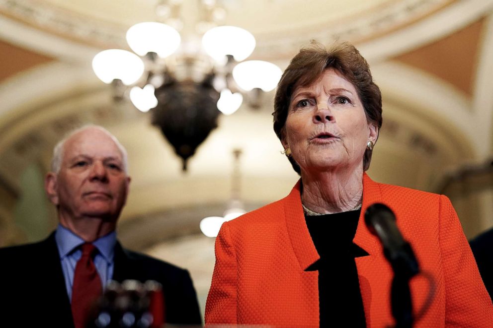 PHOTO: U.S. Sen. Jeanne Shaheen  speaks as Sen. Ben Cardin (left) listens during a news briefing after a weekly policy luncheon on July 17, 2018 at the U.S. Capitol in Washington, D.C.