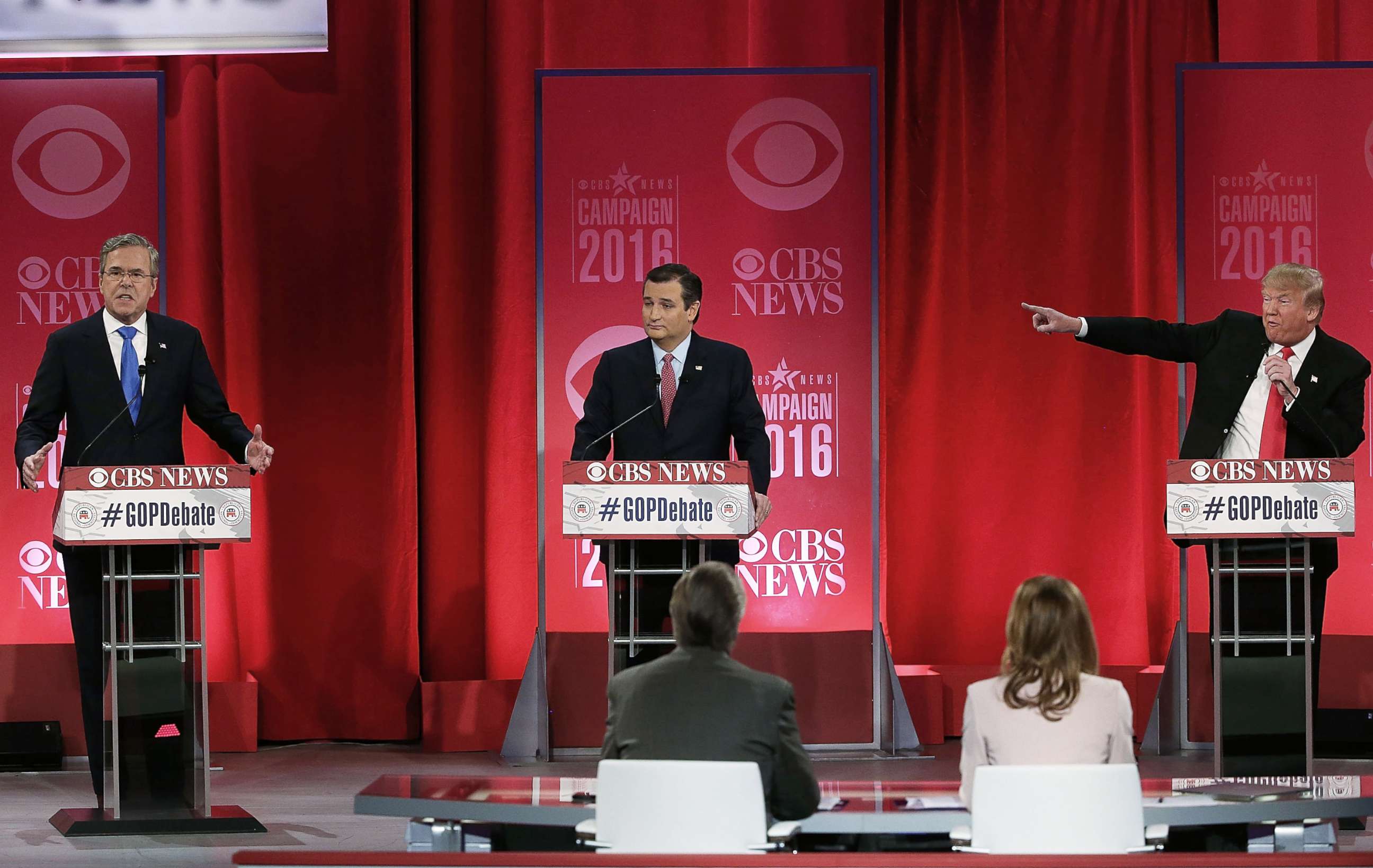 PHOTO: From left, Republican presidential candidates Jeb Bush, Sen. Ted Cruz and Donald Trump participate in debate, Feb. 13, 2016 at the Peace Center in Greenville, S.C.