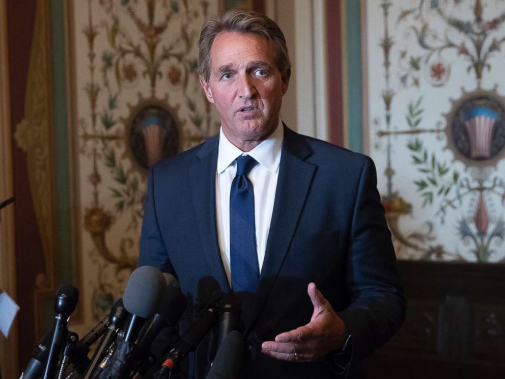 PHOTO: Sen. Jeff Flake speaks with reporters on Capitol Hill in Washington, D.C., June 13, 2018.