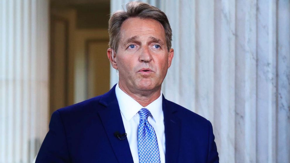 PHOTO: Sen. Jeff Flake speaks during a television interview on Capitol Hill in Washington, D.C., Oct. 24, 2017.