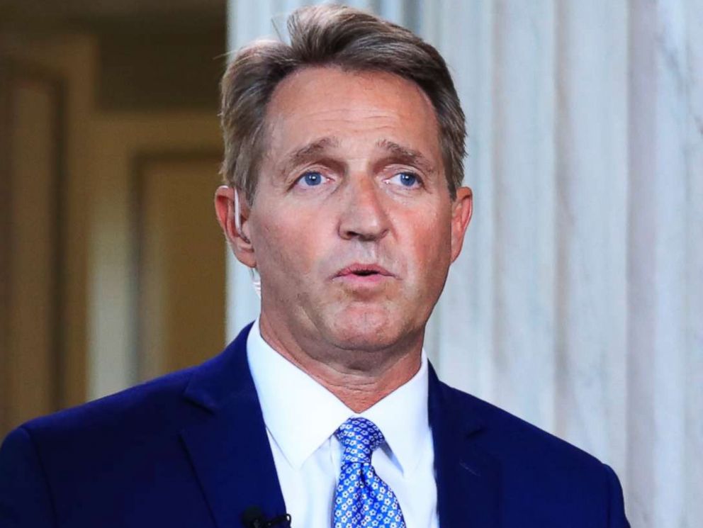 PHOTO: Sen. Jeff Flake speaks during a television interview on Capitol Hill in Washington, D.C., Oct. 24, 2017. 