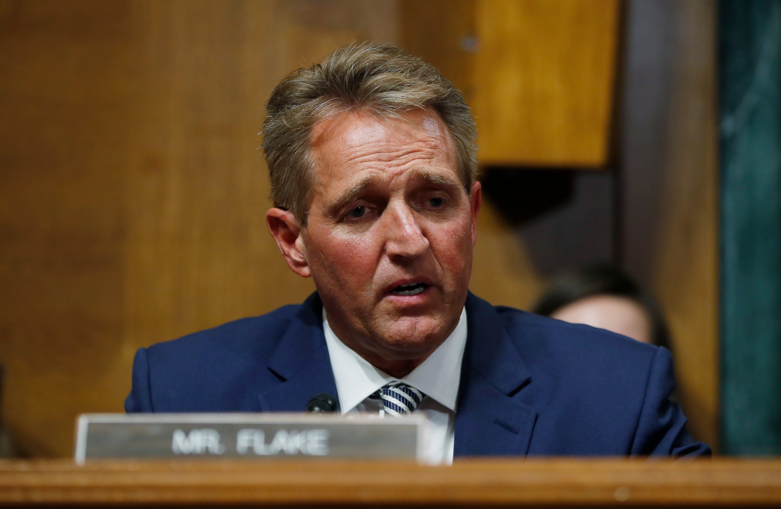 PHOTO: Sen. Jeff Flake, R-Ariz., speaks before the Senate Judiciary Committee hearing about an investigation, Friday, Sept. 28, 2018 on Capitol Hill in Washington. 