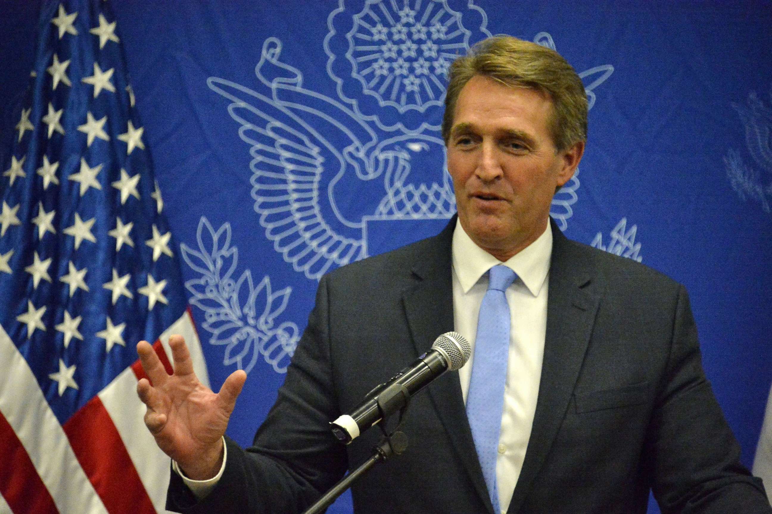 PHOTO: Sen. Jeff Flake delivers a message to the media in the Benjamin Franklin library at the U.S. embassy in Mexico City, Nov. 22, 2016.