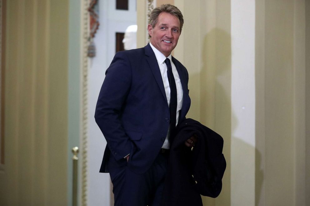 PHOTO: Former Senator Jeff Flake walks through the halls outside of the Senate Chamber during President Donald Trump's impeachment trial at the U.S. Capitol, Jan. 21, 2020 in Washington, D.C.