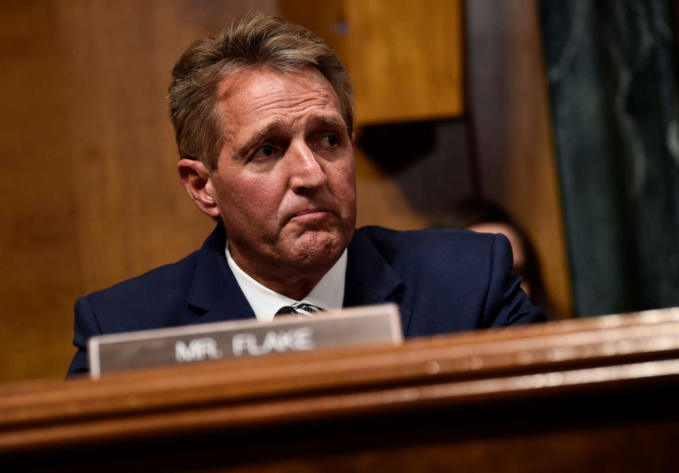 PHOTO: Senate Judiciary Committee member Republican Jeff Flake speaks during a hearing on Capitol Hill in Washington on Sept. 28, 2018, on the nomination of Brett Kavanaugh to be an associate justice of the Supreme Court of the United States. 