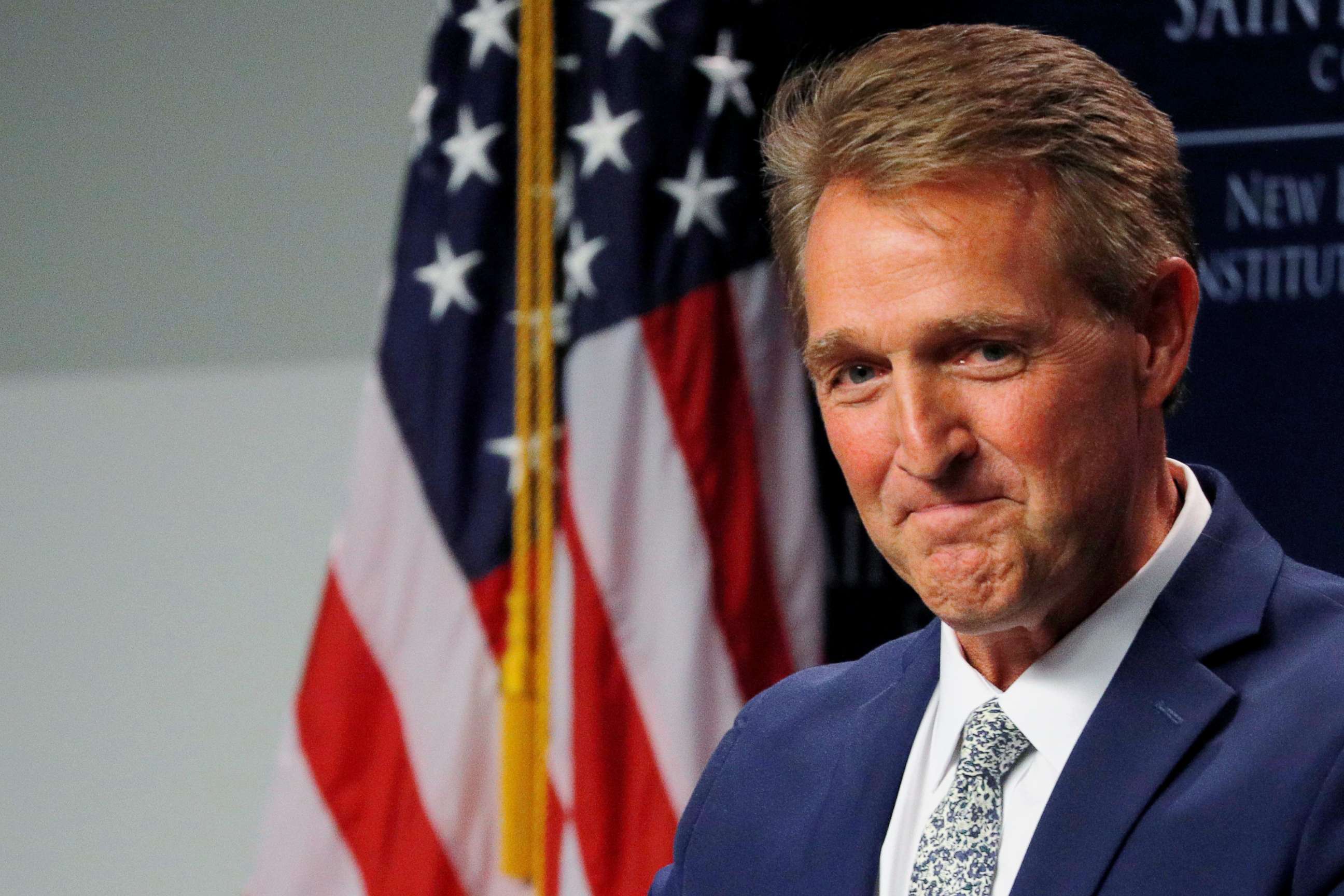 PHOTO: Sen. Jeff Flake speaks at the Institute of Politics at Saint Anselm College in Manchester, N.H., Oct. 1, 2018.