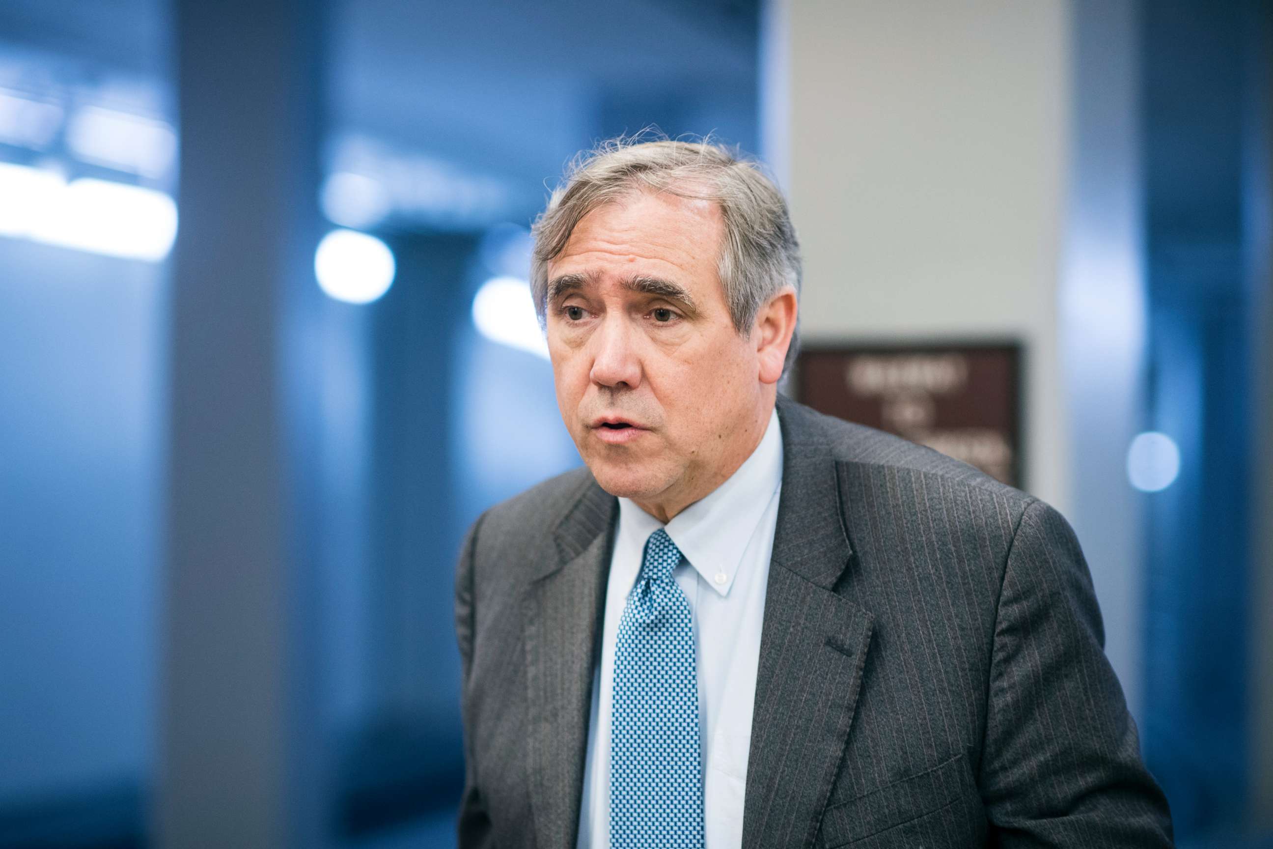 PHOTO: Sen. Jeff Merkley arrives in the Capitol for the Senate Democrats' policy lunch, May 15, 2018, in Washington, DC.