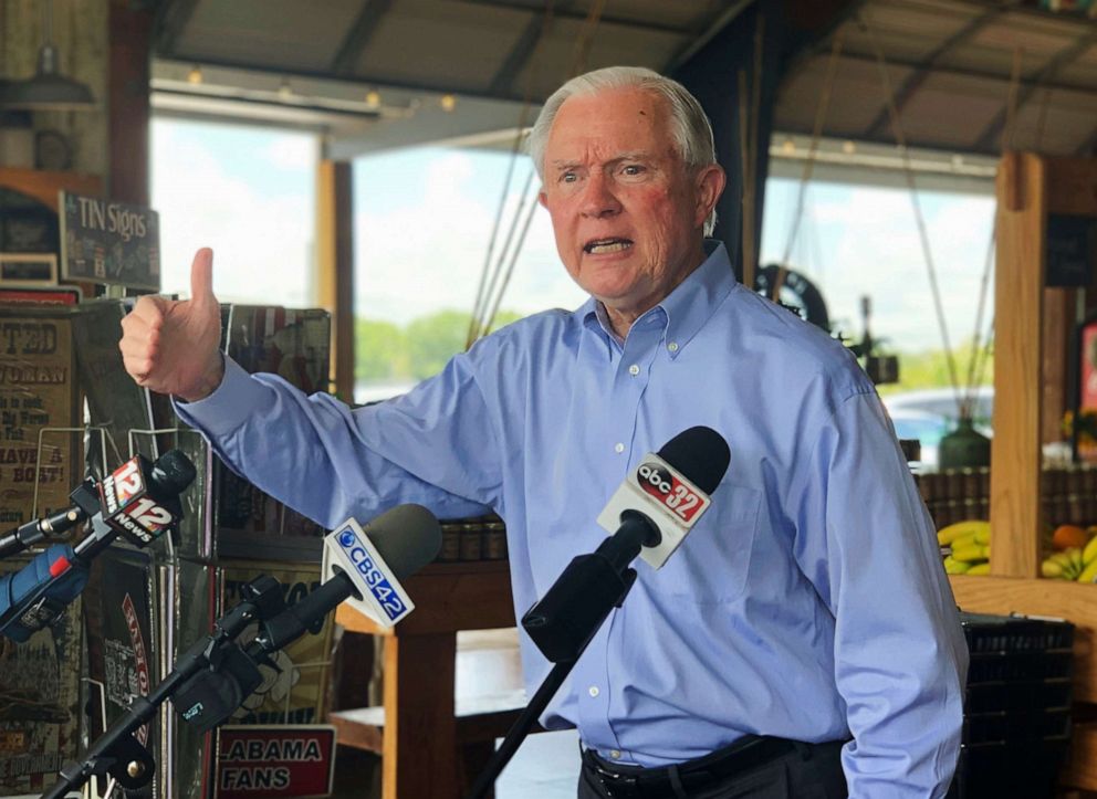PHOTO: Former U.S. Attorney General Jeff Sessions speaks to reporters during a campaign stop at Sweet Creek restaurant and farmers market, south of Montgomery, Ala., July 6, 2020.