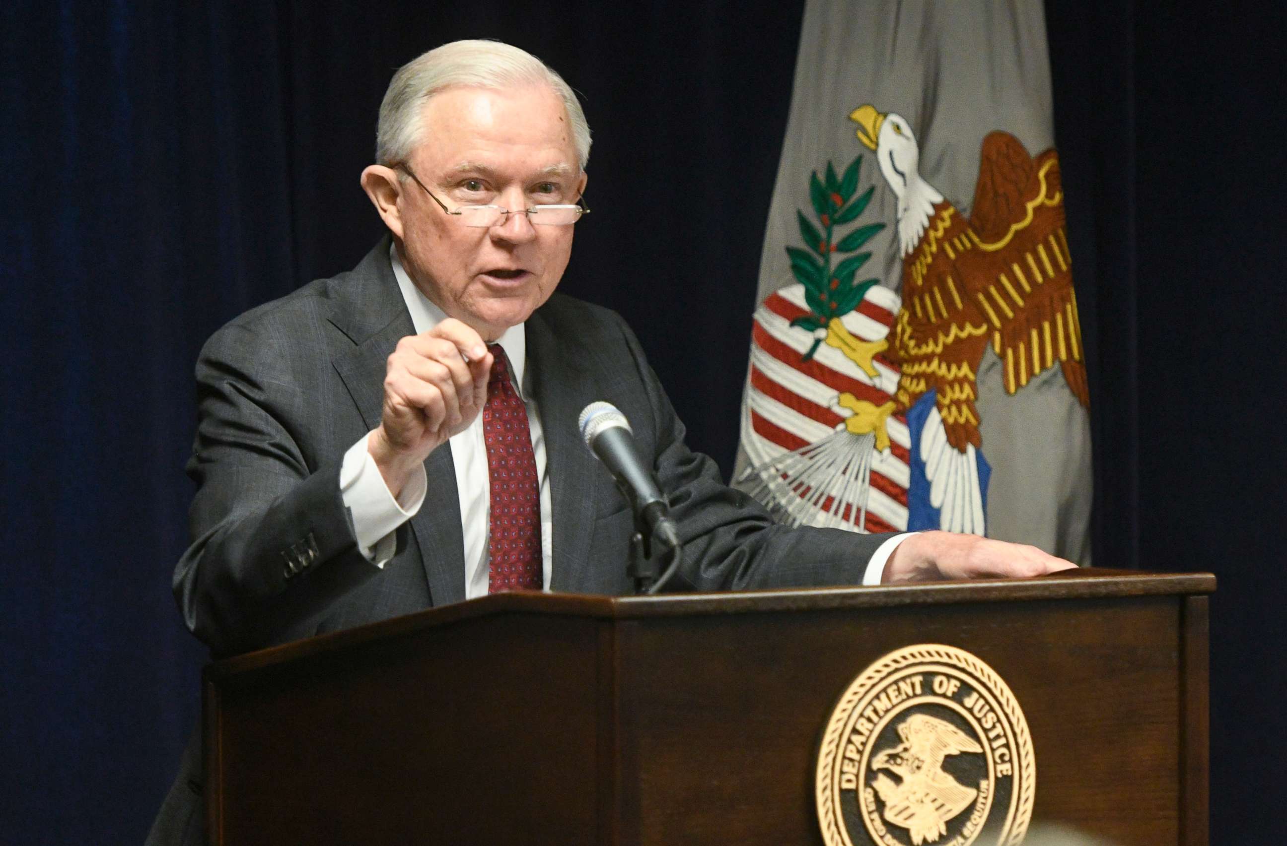 PHOTO: Attorney General Jeff Sessions delivers remarks on efforts to combat violent crime in America during an appearance at the United States Attorney's Office for the Middle District of Georgia, Aug. 9, 2018, in Macon, Ga.