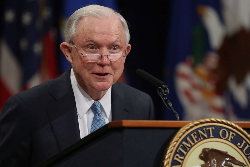 PHOTO: Former U.S. Attorney General Jeff Sessions delivers remarks during a farewell ceremony for Deputy Attorney General Rod Rosenstein at the Robert F. Kennedy Main Justice Building, May 09, 2019, in Washington.